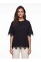 Black Soft Textured Crew Neck Oversized T-Shirt with Lace Detail on Sleeves and Hem - 2