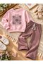 100% Cotton Girls' Tracksuit Set Acapella Floral Printed Sweatshirt Wide-Leg Pants Pink Brown - 4