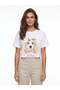 White Stretchy Fabric Crew Neck Short Sleeve Basic Form Dog Print T-Shirt with Sequin Detail - 2