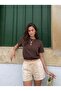 Bitter Brown Viscose Blended Crew Neck Short Sleeve Elastic Waist Balloon Form Crop T-Shirt