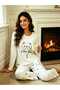 Women's Teddy Patterned Ecru Color Pajama Set Soft Textured Comfortable Cut Cute Trendy