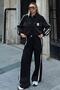 Black Snap Fastener Lined Stripe Detail Jacket and Elastic Waist Wide Leg Pants Women's Top and Bottom Set