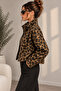 Women's Leopard Patterned Stand Collar Zippered Crop Coat with Pockets - 3