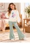 Girl's Beaded Floral 2-Piece Set – Sweatshirt and Green Ribbed Leggings Set, Casual Stylish Combination