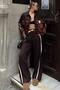 Brown Snap Fastener Lined Stripe Detail Jacket and Elastic Waist Wide Leg Pants Women's Top and Bottom Set