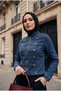 Buttoned Zippered Short Denim Jacket Navy Blue - 2