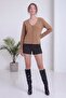 Women's Embroidered Sleeves V-Neck Buttoned Soft Textured Knitwear Cardigan Ecru, Brown, Camel, Black - 6