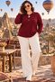 Women's Plus Size Crystal Fabric Polo Collar Long Sleeve Blouse - 4