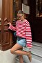 Red Thin Crew Neck Striped Loose Slim Long Sleeve Women's T-Shirt - 3