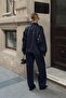 Navy Blue Buttoned Stone Detail Jacket and Wide Leg Trousers Women's Top and Bottom Denim Set - 6