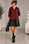 Women's Red Plaid Shirt Collar Black Leather Look Detailed Mini Dress