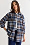 Women's Coffee-Navy Blue Oversize Plaid Patterned Lumberjack Shirt Dg261035 60286552 - 4