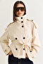 Women's Cream Stand Collar Back Windbreaker Detailed Lined Trench Coat Jacket 2155 60286579