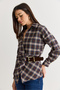 Women's Navy Blue V-Neck Plaid Patterned Belt Detailed Shirt 2350 60286567 - 4