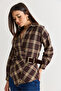 Women's Brown V-Neck Plaid Patterned Belt Detailed Shirt 2350 60286567 - 3
