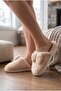 Women's Beige Plush Home/Room Slippers with Ribbons and Stones - 3