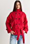 Women's Red Lined Stand Collar Double Button Detailed Belted Short Trench Coat 2106 60286572 - 3