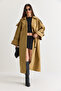 Women's Camel Wide Sleeve Shoulder Epaulettes Belted Double Breasted Long Trench Coat 8026 60286580 - 3