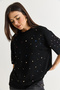 Women's Black Crystal Stone Printed Oversize Mercerized Short Sleeve Blouse 2905 60286568 - 3