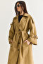 Women's Camel Wide Sleeve Shoulder Epaulettes Belted Double Breasted Long Trench Coat 8026 60286580 - 7