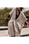 Women's Cream-Beige Geometric Ethnic Patterned Tasseled Belted Knitwear Poncho