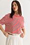 Women's Red-Ecru Striped Crew Neck Short Sleeve Mercerized Knitwear Blouse 2886 60286573 - 3