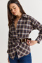 Women's Navy Blue V-Neck Plaid Patterned Belt Detailed Shirt 2350 60286567 - 5