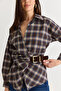 Women's Navy Blue V-Neck Plaid Patterned Belt Detailed Shirt 2350 60286567 - 6