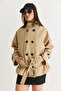 Women's Beige Lined Stand Collar Double Button Detailed Belted Short Trench Coat 2106 60286572 - 3