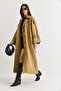 Women's Camel Wide Sleeve Shoulder Epaulettes Belted Double Breasted Long Trench Coat 8026 60286580 - 4