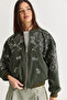 Women's Khaki Stone and Bead Embroidered Oversize Zippered Bomber Jacket 2950 60286566 - 4