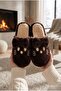 Women's Brown Cute Cat Figured Plush House Slippers