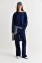 Women's Navy Blue Boat Neck Loose Blouse High Waist Spanish Leg Pants Modal Basic Set 12281 60286556 - 2