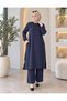 Elastic Waist, Pockets, Front Pearl Embroidery, Long Tunic, Crepe Fabric, Tunic and Skirt Two-Piece Set
