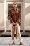 Brown Polo Collar Long Sleeve Metal Buttoned Thin Sequined Hem Ribbed Casual Knitwear Sweater 66 62 - 6