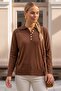 Brown Polo Collar Long Sleeve Metal Buttoned Thin Sequined Hem Ribbed Casual Knitwear Sweater 66 62 - 4
