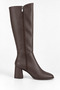Amelia Women's Brown Almond Toe Zippered Thick Heeled Long Boots - 6
