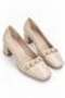 Beige Leather Look Blunt Toe Thick Five Centimeter Heeled Shoes with Chain Detail