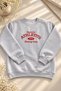 Gray Three-Thread Ribbed Crew Neck Long Sleeve Sweatshirt with Ribbed Detail and Text Embroidery