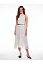 White Black Polka Dot Chiffon Fabric Halter High Neck Belt Detailed Flowing Form Midi Dress - 2