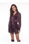 Purple Patterned Tulle Fabric Long Sleeve Belted Layered Flounce Skirt Lined Lace Detailed Dress - 4