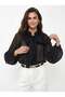 Black Crinkle Textured Collar Tie-Up Long Sleeve Flowy Form Sheer Shirt with Flywheel Detail - 2
