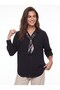 Black Crinkle Textured Shirt with Collar, Long Sleeves, Loose Fit, Single Pocket Detail, and Scarf. - 3