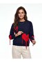 Navy Blue Acrylic Textured Crew Neck Drop Shoulder Knitted Sweater with Heart and Fringe Detail