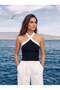 Black Ribbed Knit Fabric Cross Collar Sleeveless Standard Fit Knitted Detailed Blouse