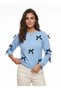 Baby Blue Soft Textured Knitwear Crew Neck Regular Cut Bow Detailed Knitted Sweater