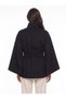Black Cotton Stretch Fabric Stand Collar Wide Sleeve Belt Detailed Cashmere Poncho - 2