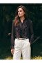Black Transparent Chiffon Fabric High Collar Buttoned Front Design Flowy Shirt with Flounce Detail