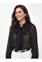 Black Crinkle Textured Collar Tie-Up Long Sleeve Flowy Form Sheer Shirt with Flywheel Detail - 4
