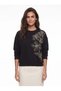 Black Cotton Crew Neck Relaxed Fit Sweatshirt with Floral and Bead Embroidery Detail - 2